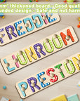 - Custom Wooden Name Puzzle with Pegs – Colourful Letters Baby Stork