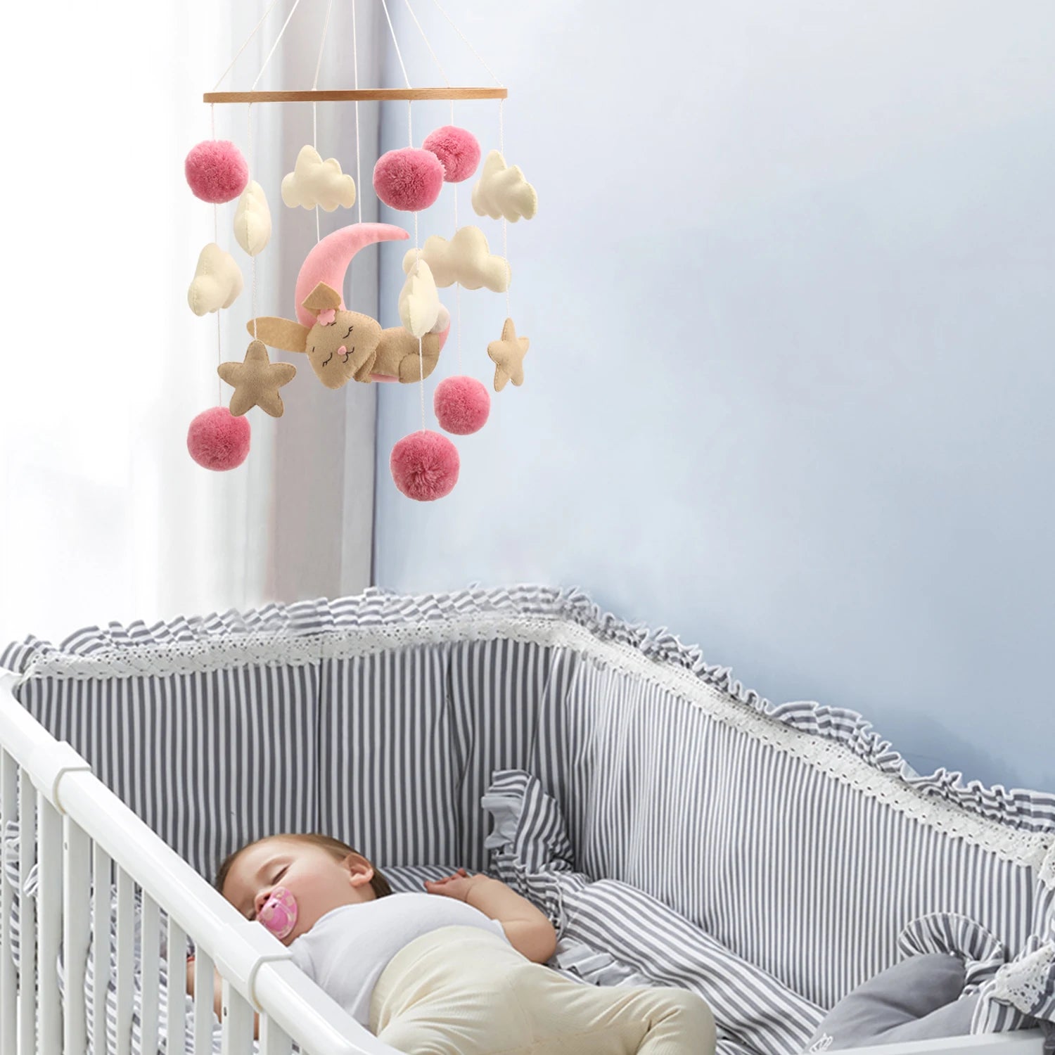 - 🐰 Bunny Baby Mobile – Soft Pompom Crib Mobile for Girls' Nursery Baby Stork Baby Mobile