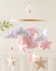 Pink - Bear Cuddling the Moon & Night Sky Felt Nursery Mobile Baby Stork Baby Mobile