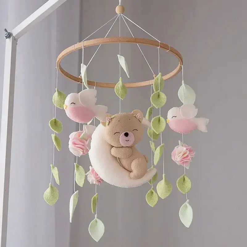 - 🌸 Boho Teddy Bear Baby Mobile – Girl's Nursery Decor with Birds, Flowers & Leaves Baby Stork Baby Mobile