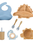 Blue - Eco-Friendly Dinosaur Bamboo Baby Feeding Set - 7pcs | Non-Slip Suction Cups & Teether Baby Stork Nursing & Feeding