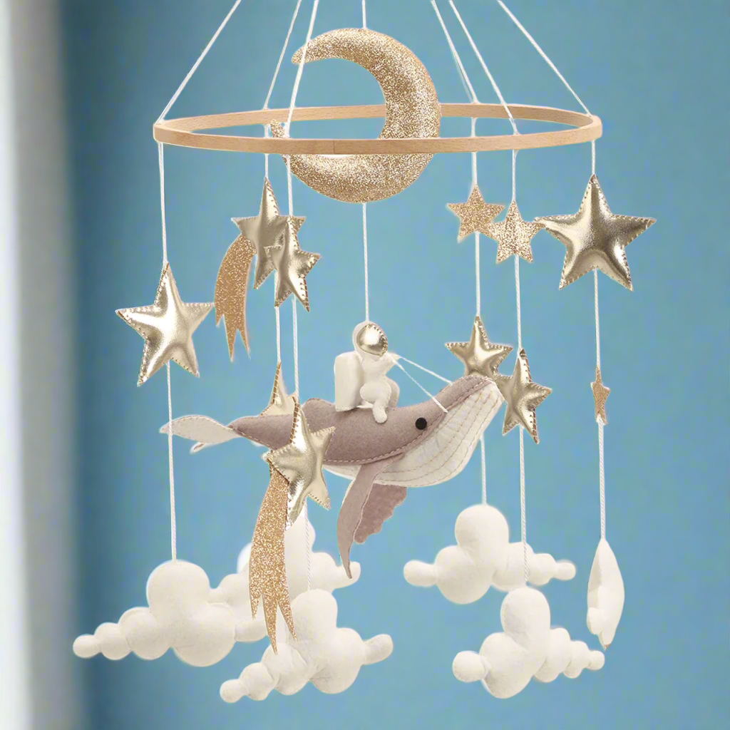 - 🌙 Space Whale Baby Mobile – Nautical Nursery Decor with Stars, Moon & Clouds Baby Stork Baby Mobile