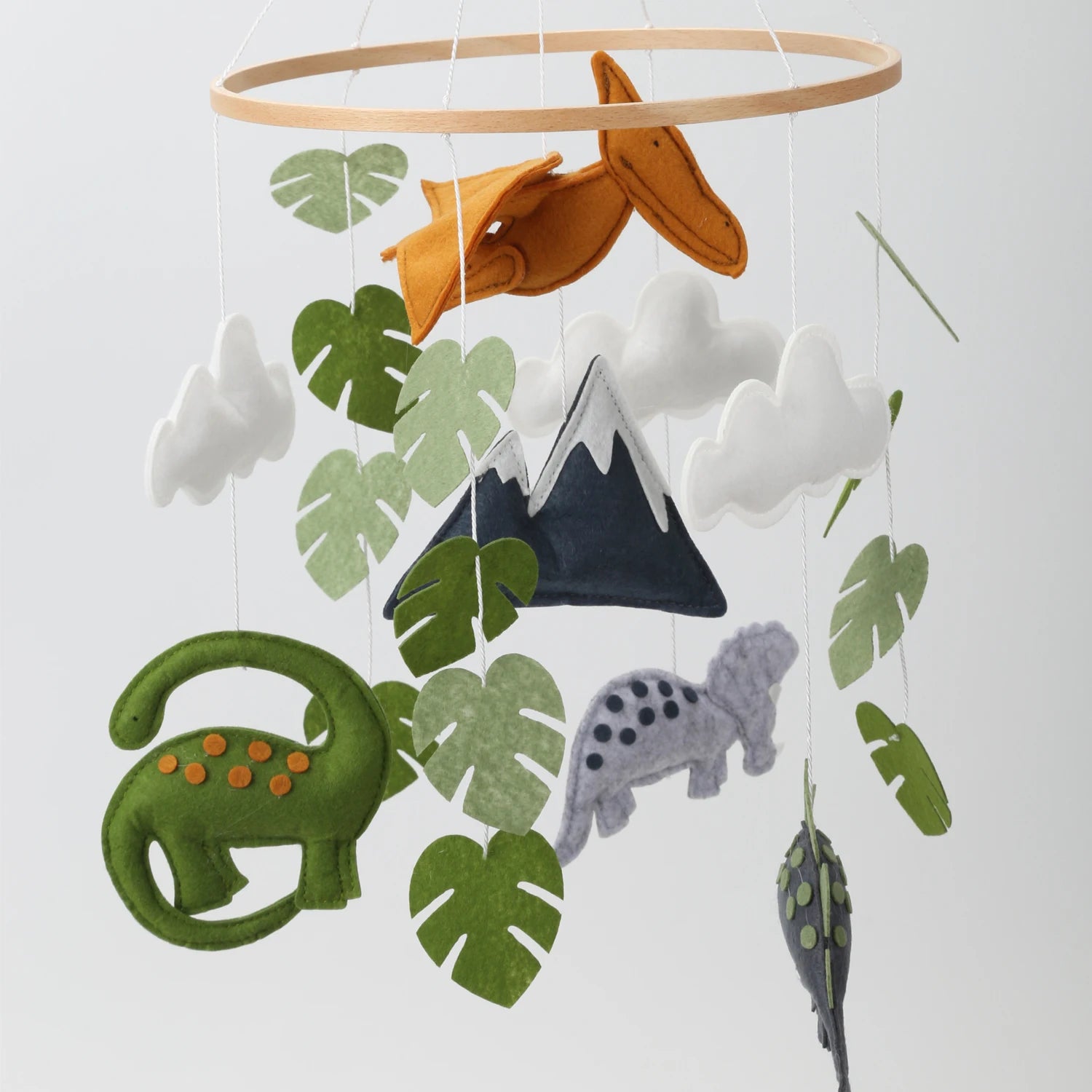 - Handmade Dinosaur Baby Mobile with Mountains & Leaves – Soft Felt Cot Mobile Baby Stork Baby Mobile