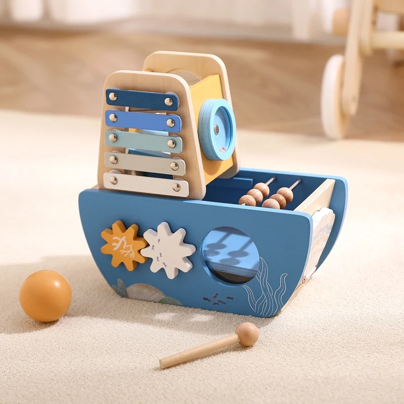 - 5-in-1 Multi-Activity Wooden Boat Busy Cube | Montessori-Inspired Educational Toy Baby Stork