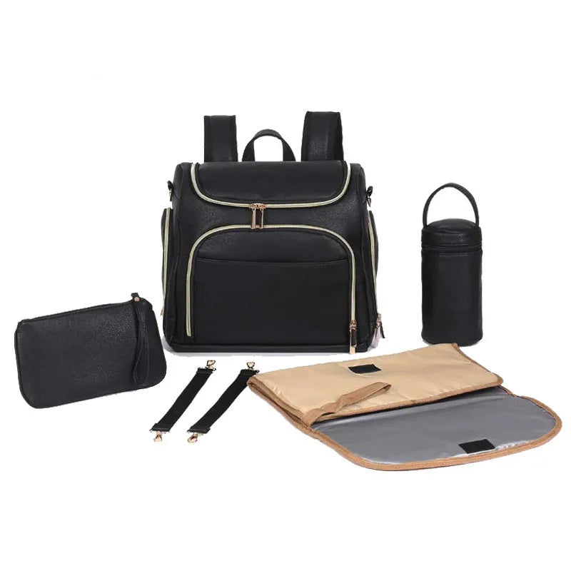 Black - Luxury Compact Vegan Leather Diaper Bag Baby Stork