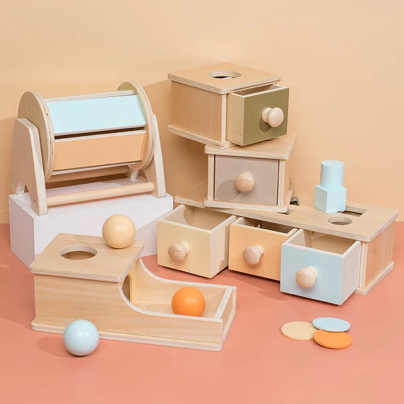 Wooden Montessori Sensory Toys - Object Permanence Box with 3 Pastel Colour Balls