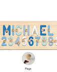 Ocean Blue With Pegs - Custom Wooden Name & Number Puzzle – Personalised Educational Toy Baby Stork