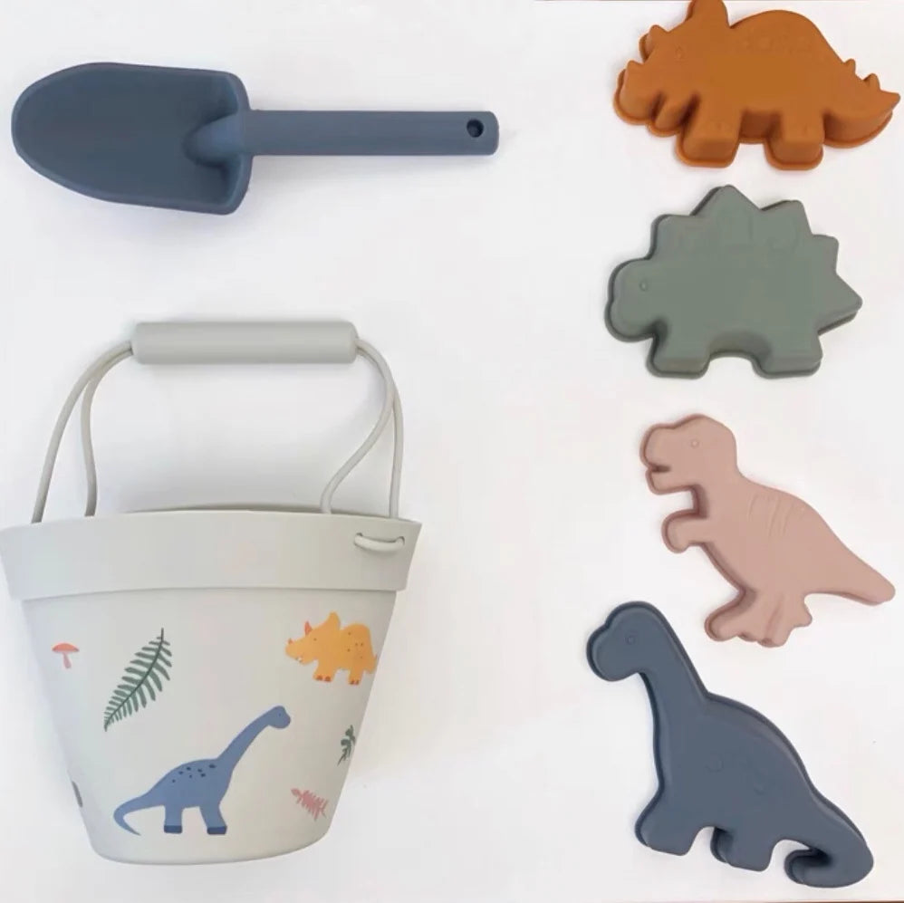 Dinosaur - Silicone Beach Bucket Playset - 6 Designs for Beach Time Fun Baby Stork Beach & Sand Toys