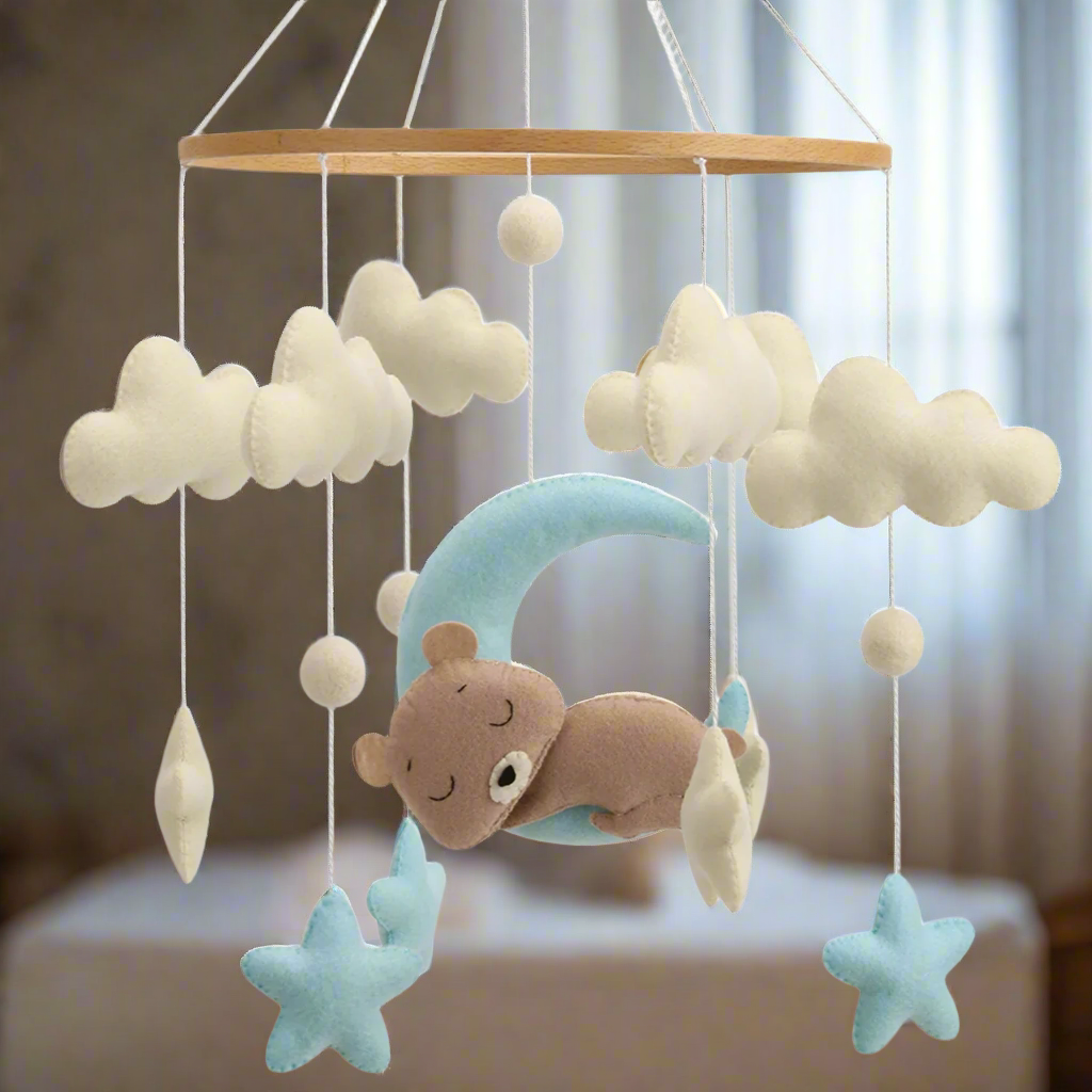 - 🌙 Teddy Bear Moon Baby Mobile – Blue Stars and Clouds Crib Mobile Baby Stork Baby Mobile