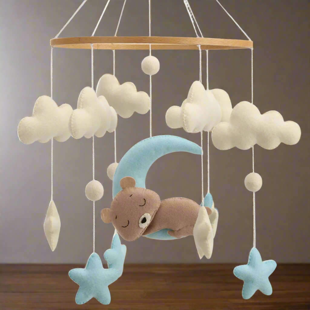 - 🌙 Teddy Bear Moon Baby Mobile – Blue Stars and Clouds Crib Mobile Baby Stork Baby Mobile