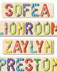 - Custom Wooden Name Puzzle with Pegs – Colourful Letters Baby Stork