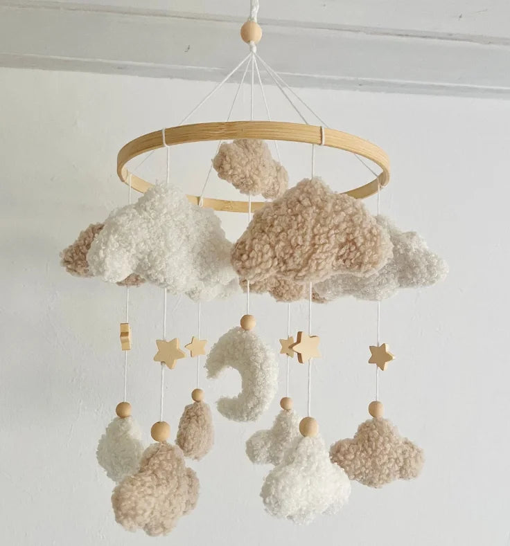 - ☁️ Bouclé Cloud & Moon Baby Mobile – Soft Neutral Nursery Décor with Stars Baby Stork Baby Mobile