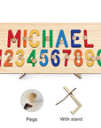 Classic Rainbow With Pegs & Stand - Custom Wooden Name & Number Puzzle – Personalised Educational Toy Baby Stork