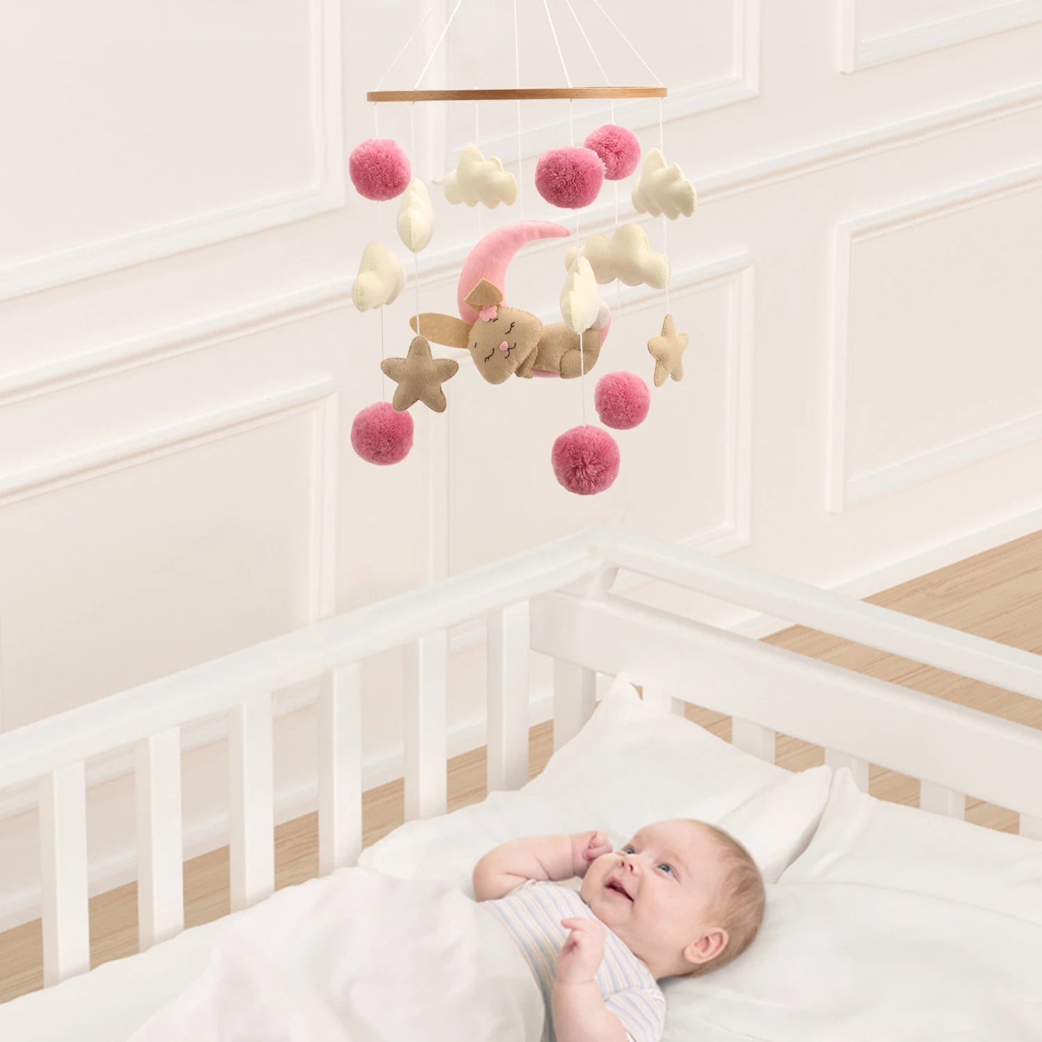 - 🐰 Bunny Baby Mobile – Soft Pompom Crib Mobile for Girls' Nursery Baby Stork Baby Mobile