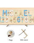 Soft Pastels With Pegs & Stand - Custom Wooden Name & Number Puzzle – Personalised Educational Toy Baby Stork