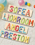 - Custom Wooden Name Puzzle with Pegs – Colourful Letters Baby Stork
