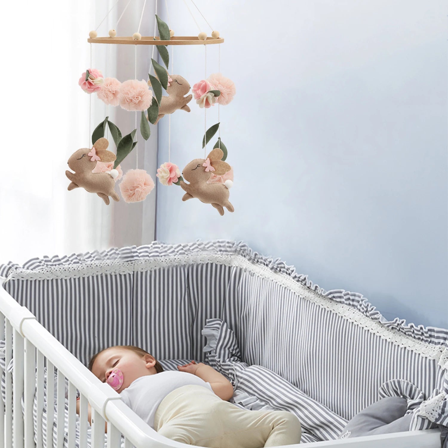 Handmade Bunny Rabbit Crib Mobile | Floral & Boho Nursery Decor | Soft Felt & Wooden Baby Stork Australia