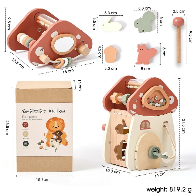 Wooden Mushroom House | Montessori 5-in-1 Busy Cube Activity Toy