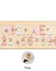 Blush Dreams With Pegs - Custom Wooden Name & Number Puzzle – Personalised Educational Toy Baby Stork
