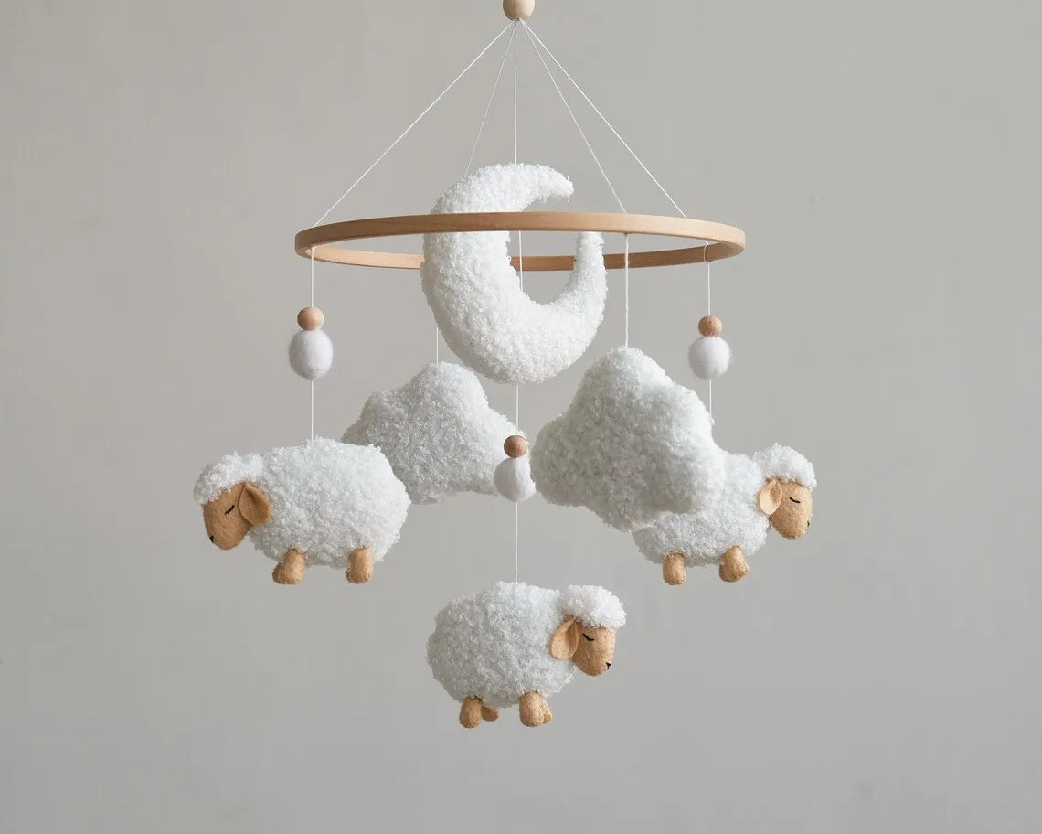 - 🐑 Boucle Sheep Baby Mobile – Neutral Cloud & Moon Nursery Decor Baby Stork Baby Mobile