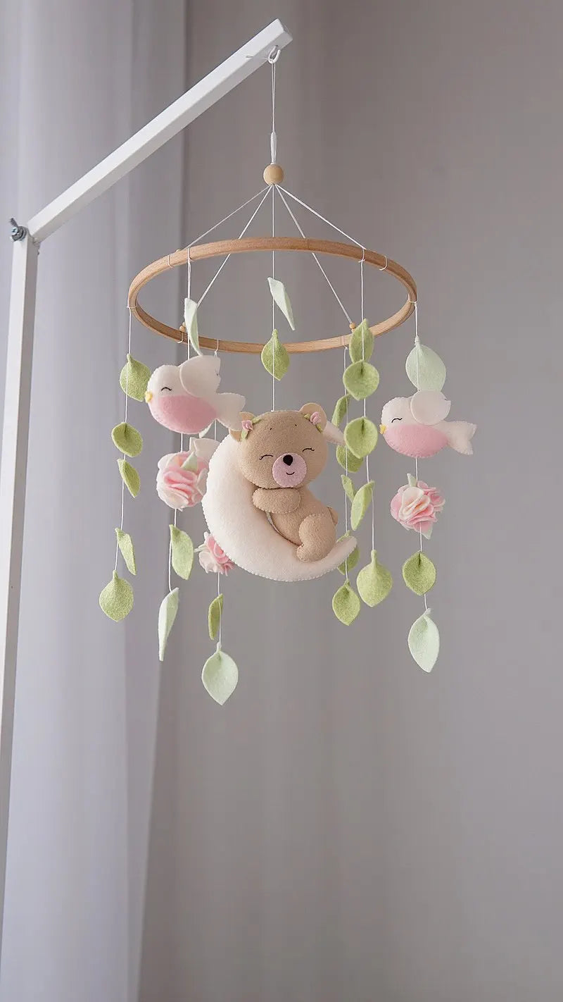 - 🌸 Boho Teddy Bear Baby Mobile – Girl's Nursery Decor with Birds, Flowers & Leaves Baby Stork Baby Mobile