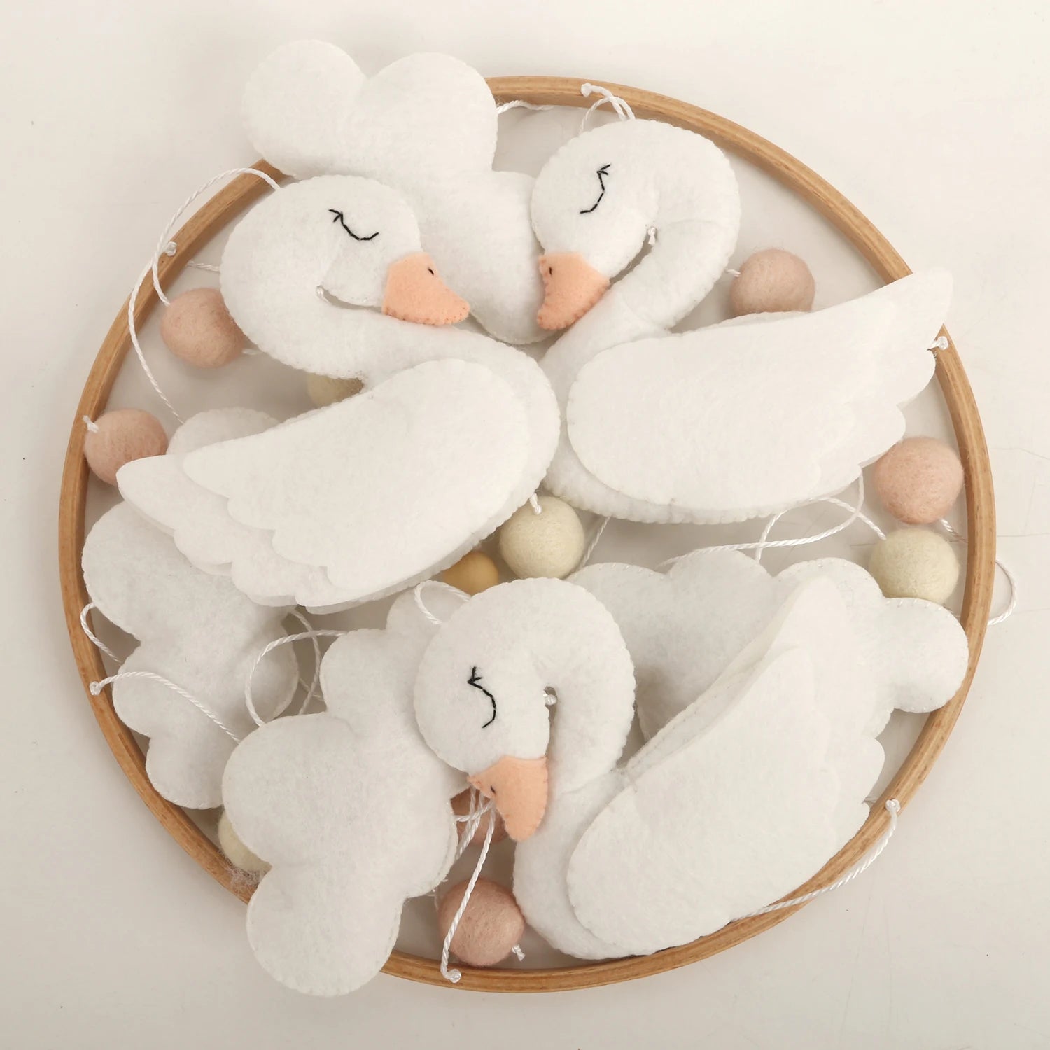 - 🦢 Swan Baby Mobile – White Felt Nursery Mobile with Clouds and Blush Accents Baby Stork Baby Mobile