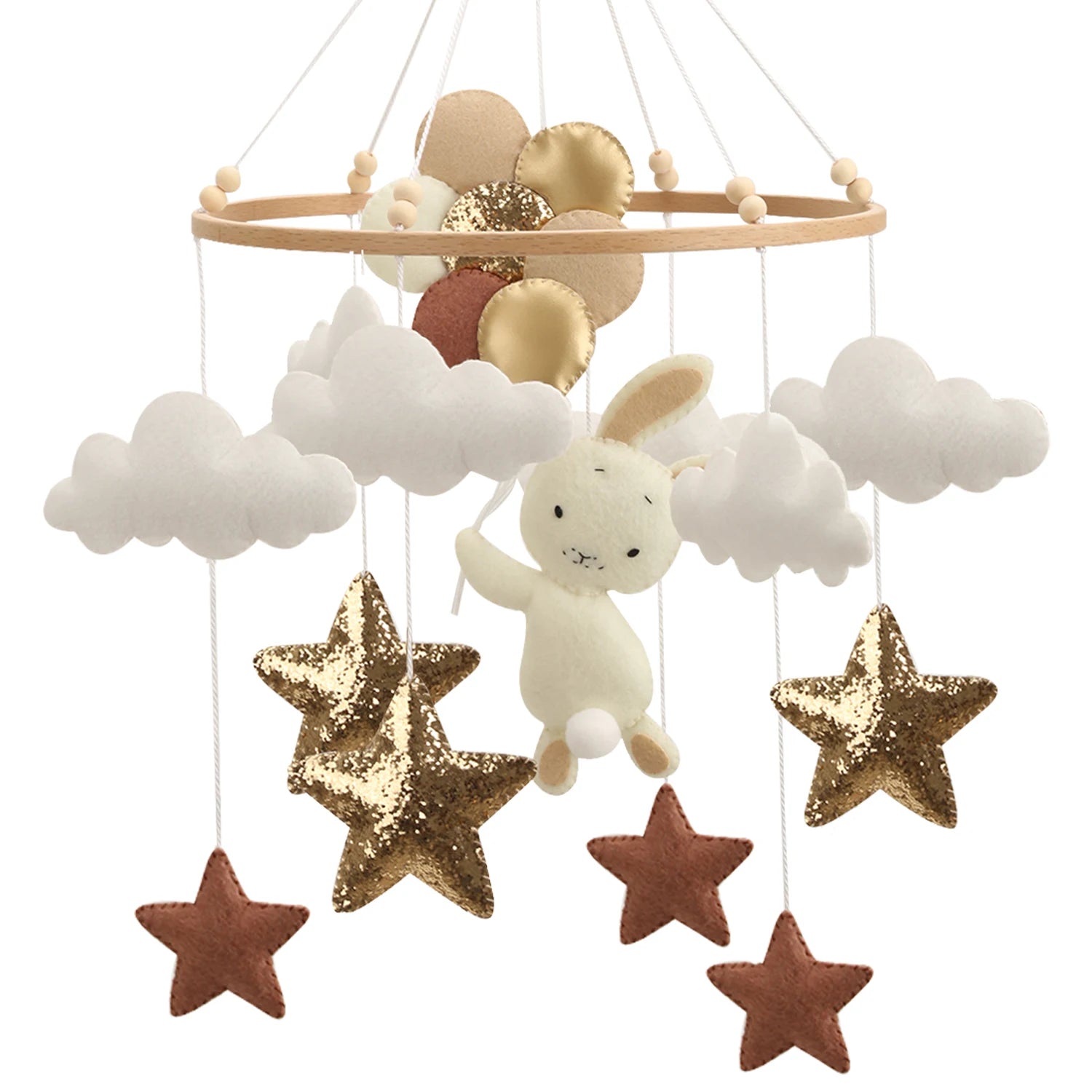 - Bunny & Stars BOHO Baby Mobile – White Clouds, Gold & Brown Stars Baby Stork