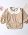 Beige - Full Sleeve Feeding Smock Bib with Adorable Thrilled Collar - Solid Colour Baby Stork Bibs
