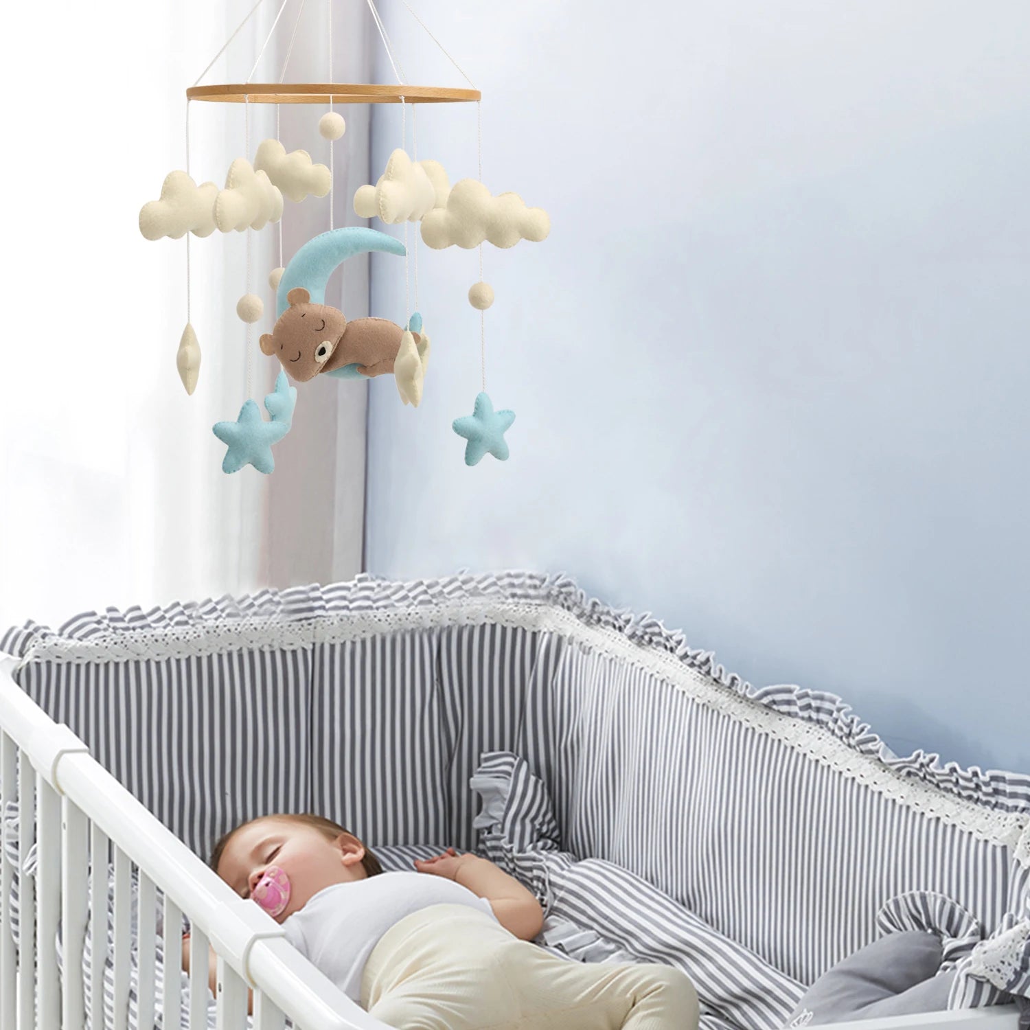 - 🌙 Teddy Bear Moon Baby Mobile – Blue Stars and Clouds Crib Mobile Baby Stork Baby Mobile