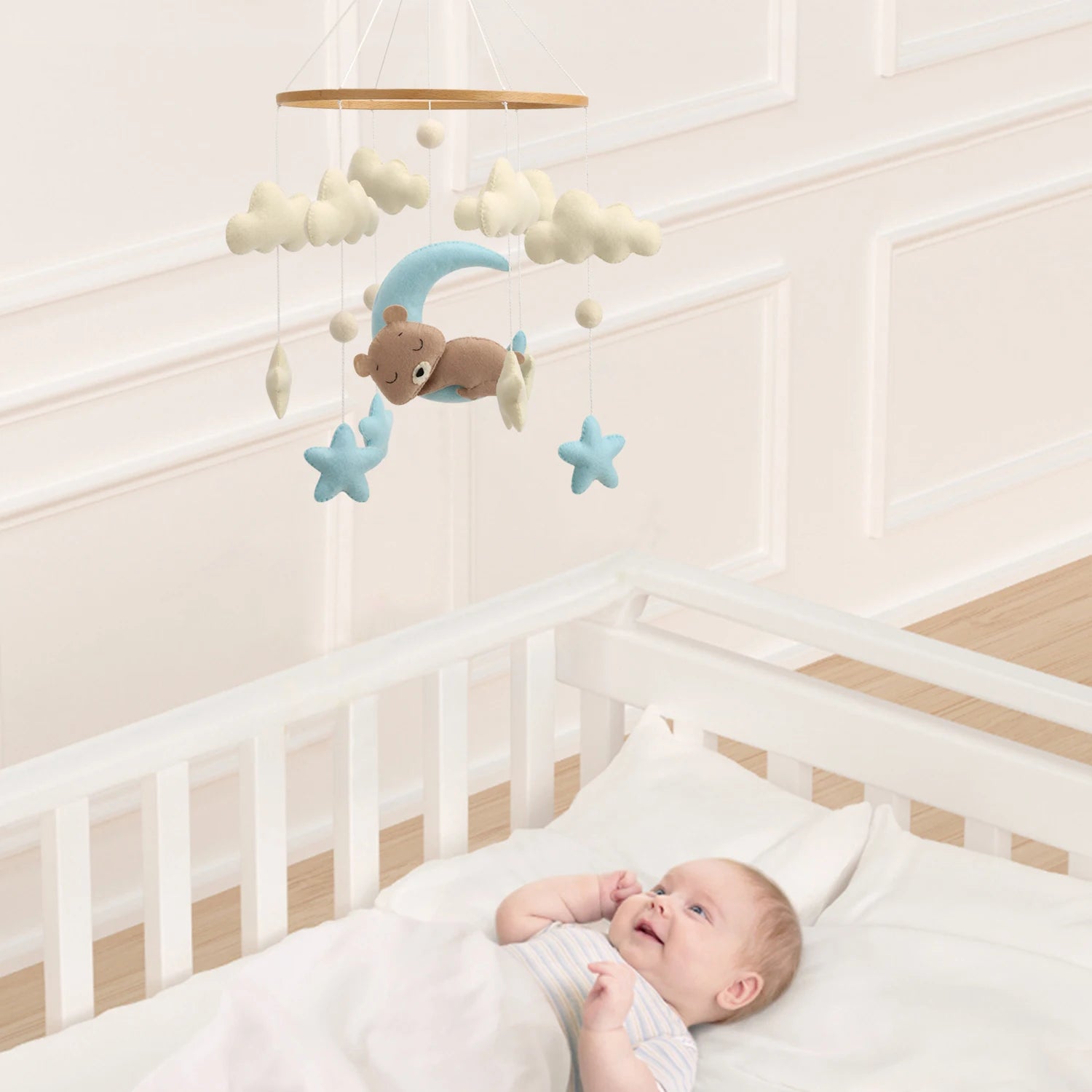 - 🌙 Teddy Bear Moon Baby Mobile – Blue Stars and Clouds Crib Mobile Baby Stork Baby Mobile