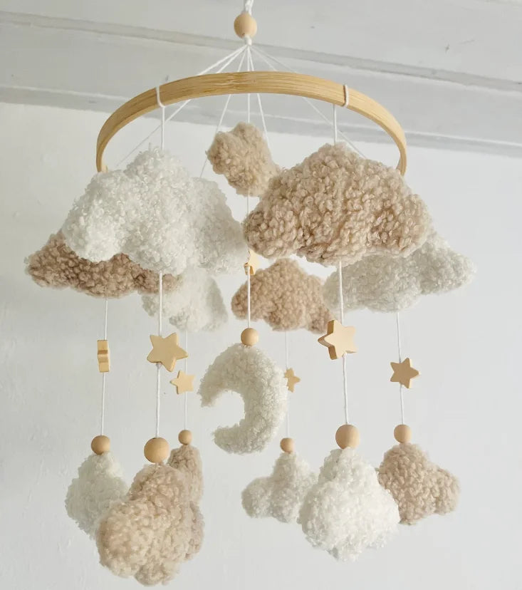 - ☁️ Bouclé Cloud & Moon Baby Mobile – Soft Neutral Nursery Décor with Stars Baby Stork Baby Mobile