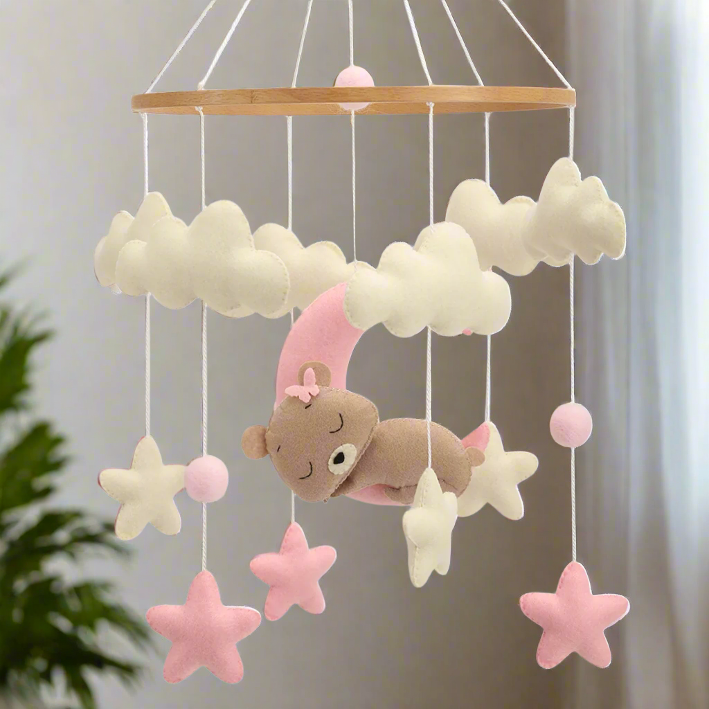 - 🌙 Teddy Bear Moon Baby Mobile – Pink Stars and Clouds Crib Mobile Baby Stork Baby Mobile