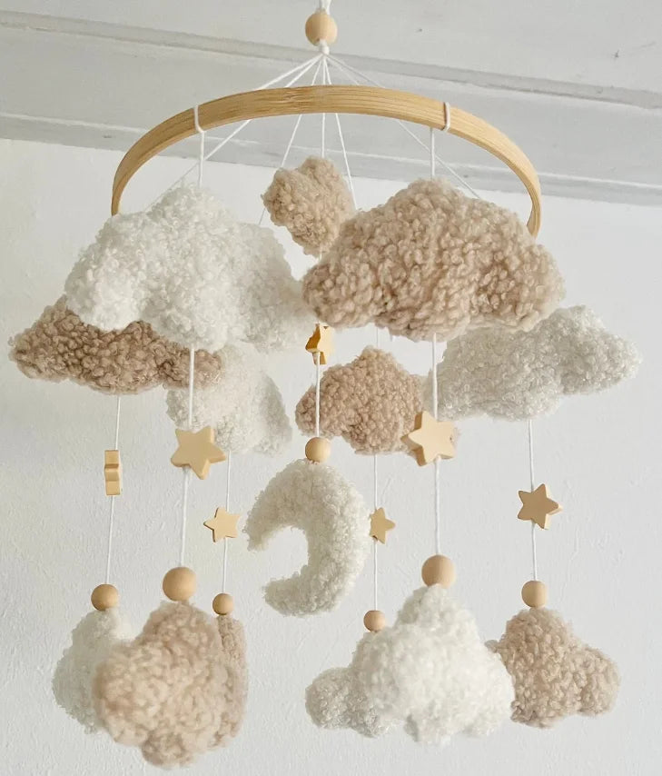 - ☁️ Bouclé Cloud & Moon Baby Mobile – Soft Neutral Nursery Décor with Stars Baby Stork Baby Mobile