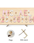 Blush Dreams With Pegs & Stand - Custom Wooden Name & Number Puzzle – Personalised Educational Toy Baby Stork