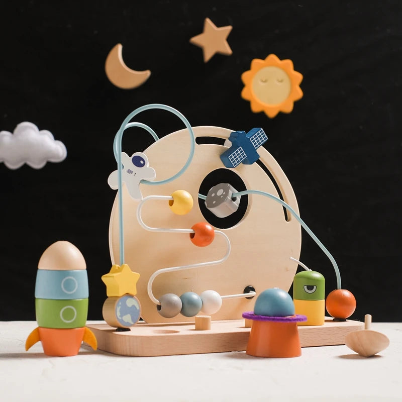 Wooden Space-Themed Beaded Busy Toy for Babies | Educational & Eco-Friendly Fun Baby Stork