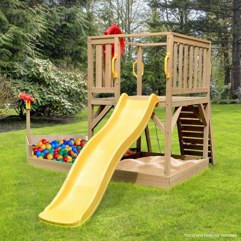 Kids Wooden Boat Play Tower Sandpit, Slide Climbing Wall