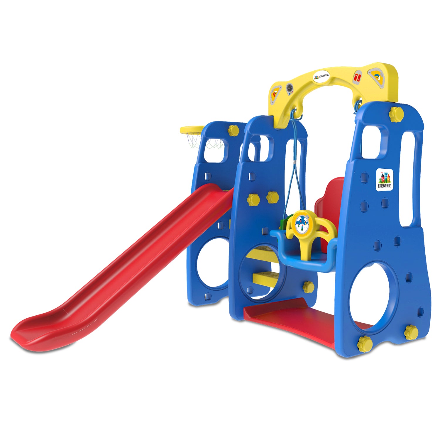 Kids 4-in-1 Slide & Swing Playset with Basketball Hoop & Music | Indoor & Outdoor Fun