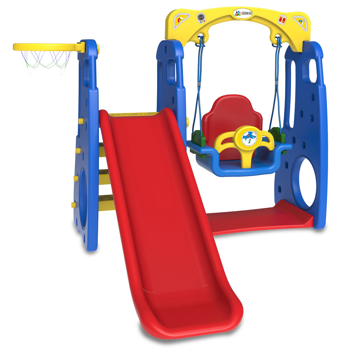 Kids 4-in-1 Slide & Swing Playset with Basketball Hoop & Music | Indoor & Outdoor Fun