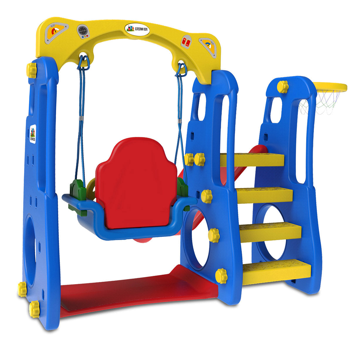 Kids 4-in-1 Slide & Swing Playset with Basketball Hoop & Music | Indoor & Outdoor Fun