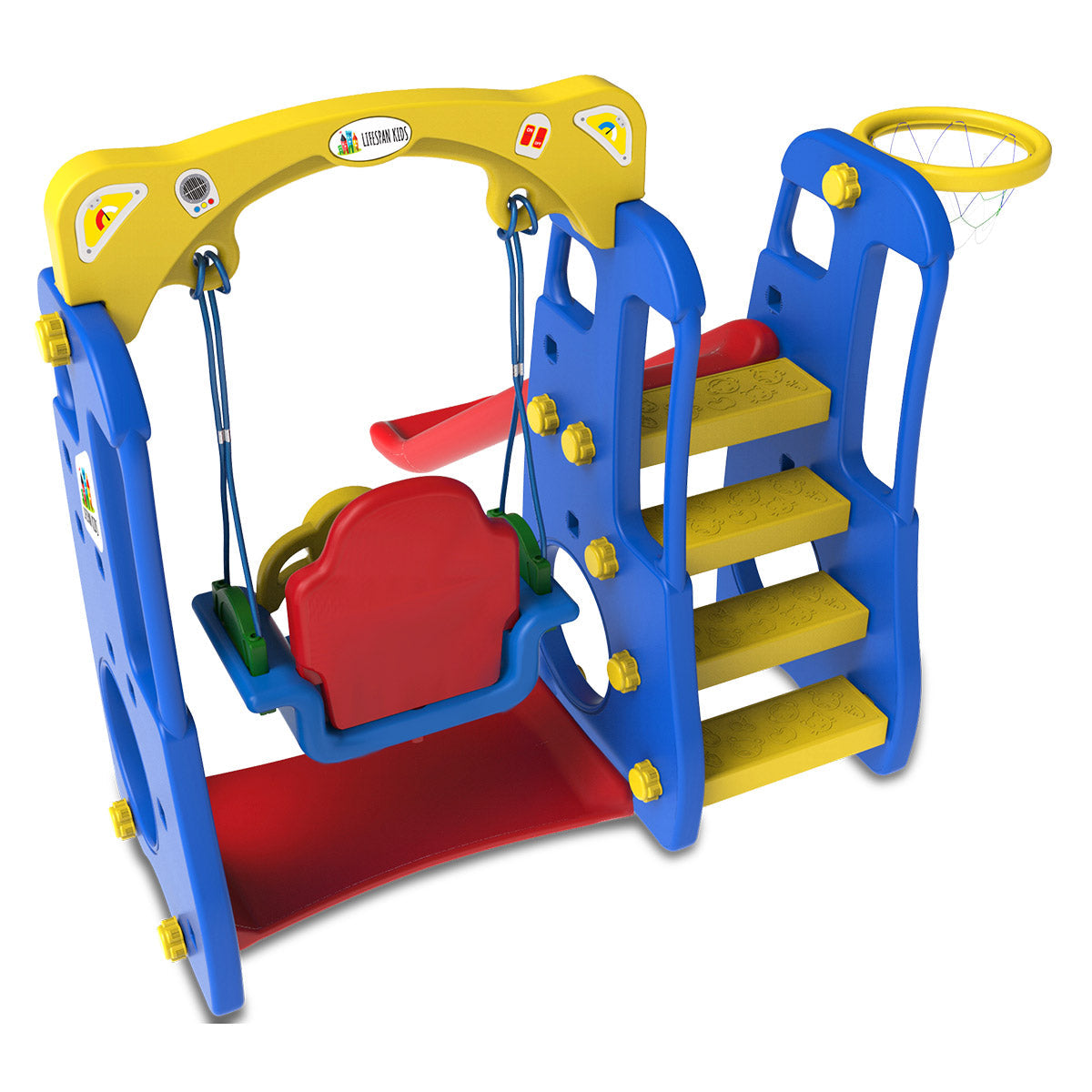 Kids 4-in-1 Slide & Swing Playset with Basketball Hoop & Music | Indoor & Outdoor Fun