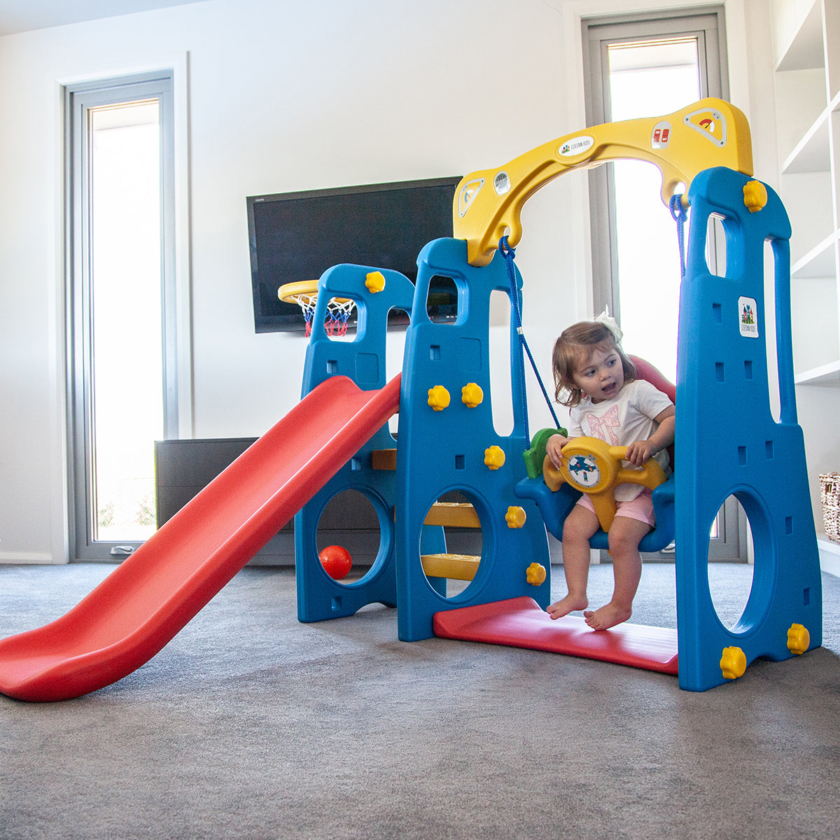 Kids 4-in-1 Slide & Swing Playset with Basketball Hoop & Music | Indoor & Outdoor Fun
