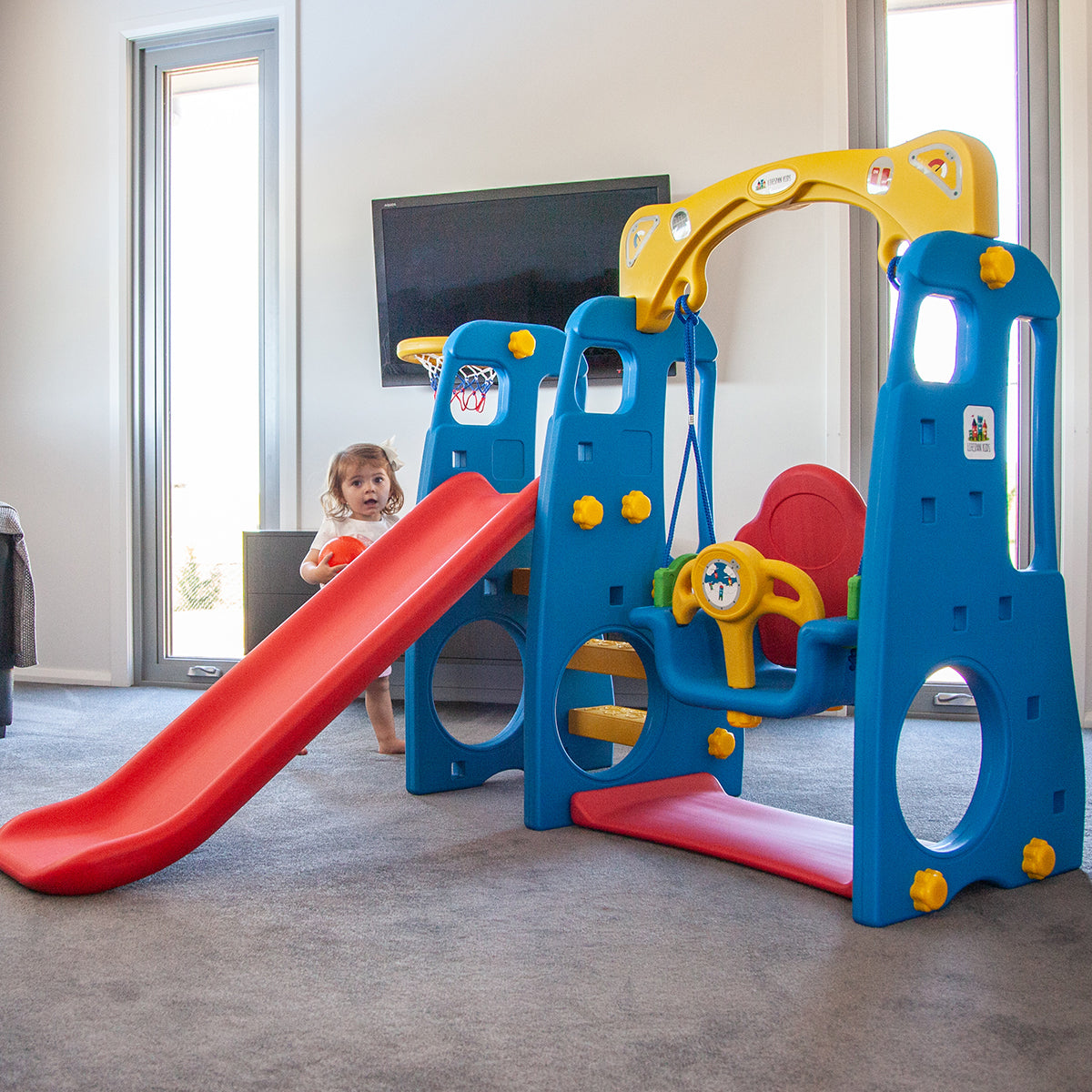 Kids 4-in-1 Slide & Swing Playset with Basketball Hoop & Music | Indoor & Outdoor Fun