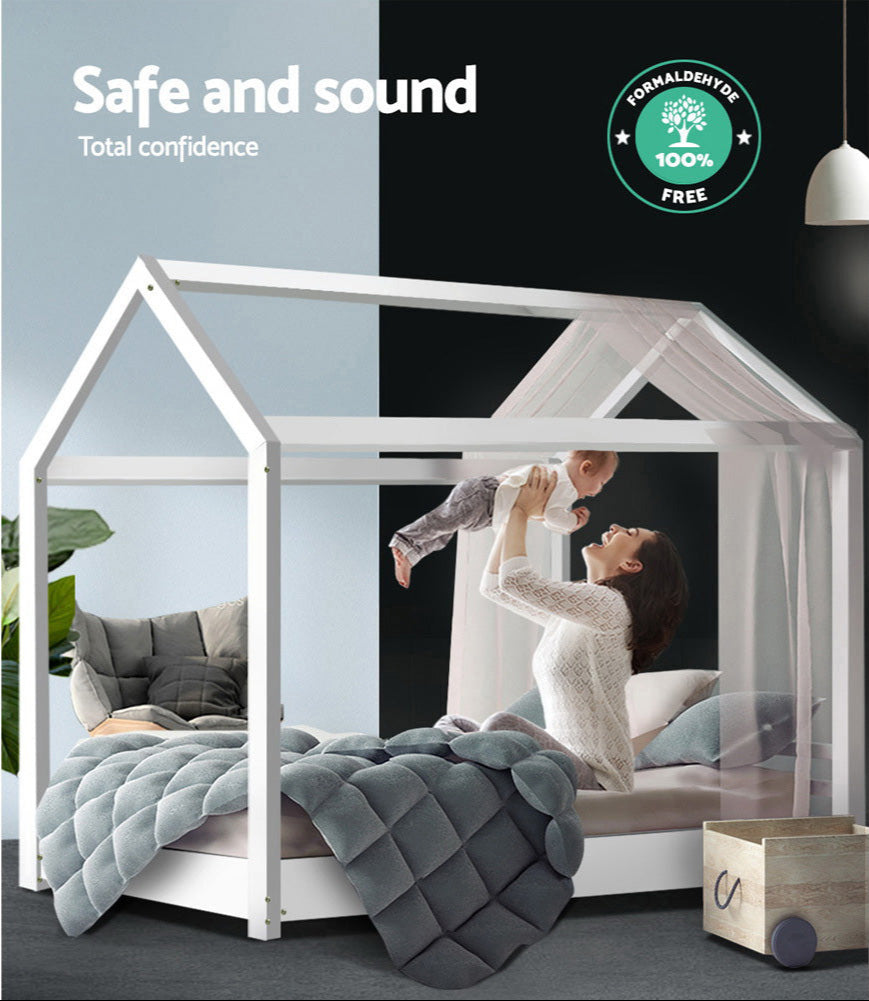 Bed Frame Wooden Kids House Frame - White CASA | Elegant & Safe Design