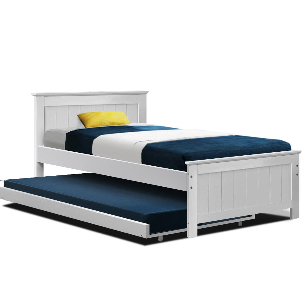 - King Single Wooden Trundle Bed – White Baby Stork Furniture > Bedroom > Beds & Bed Frames
