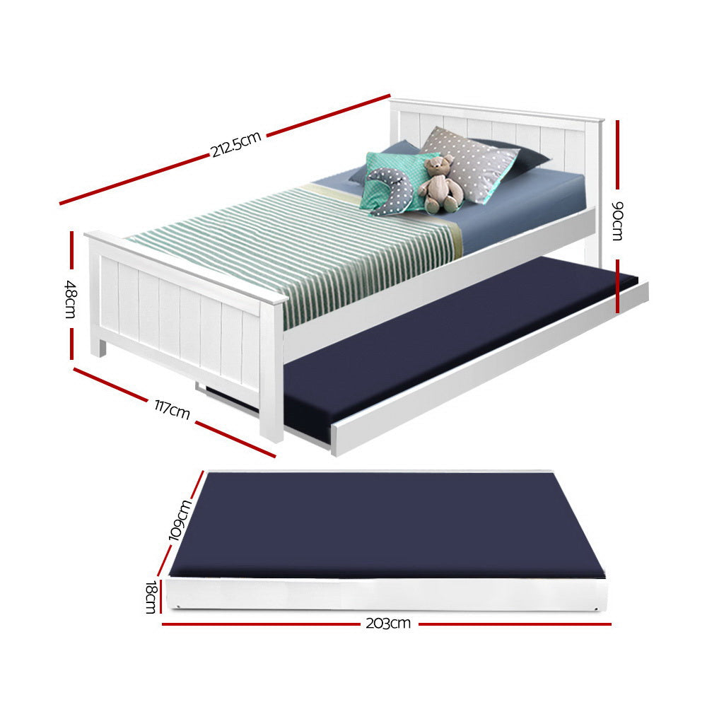 - King Single Wooden Trundle Bed – White Baby Stork Furniture > Bedroom > Beds & Bed Frames
