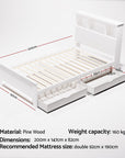 - King Single Pine Wood Bed Frame with Storage Drawers & Bookshelf Headboard – White Artiss Furniture > Bedroom > Beds & Bed Frames