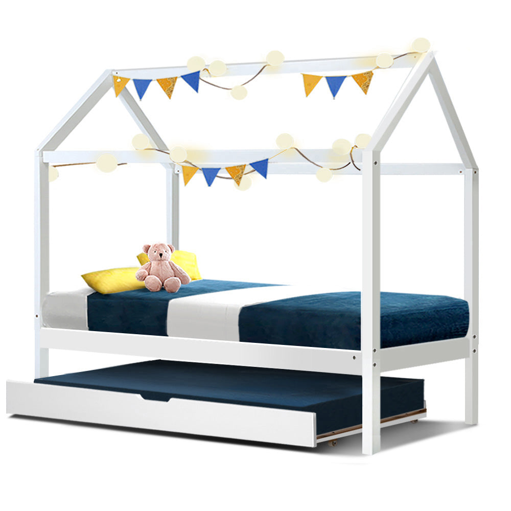 Bed Frame Wooden Trundle Daybed Kids House Frame - White HOLY
