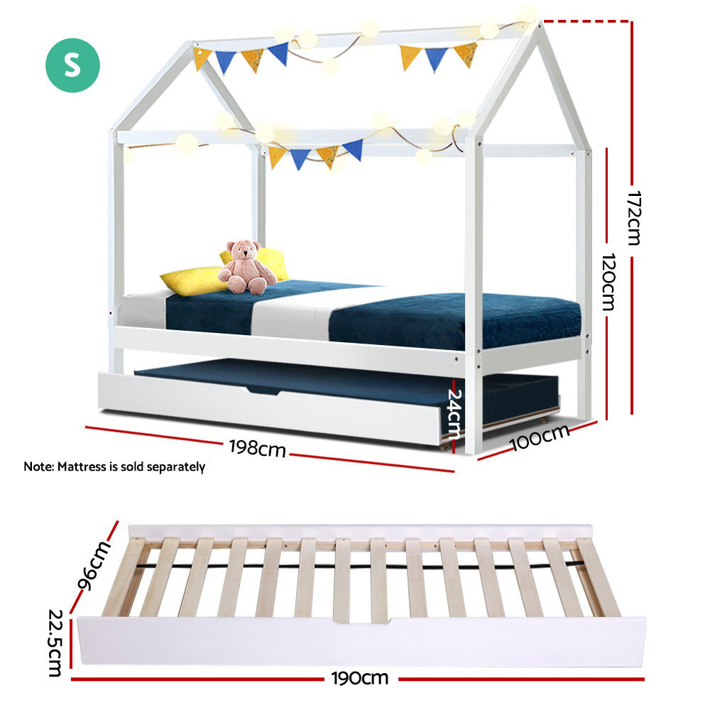 Bed Frame Wooden Trundle Daybed Kids House Frame - White HOLY