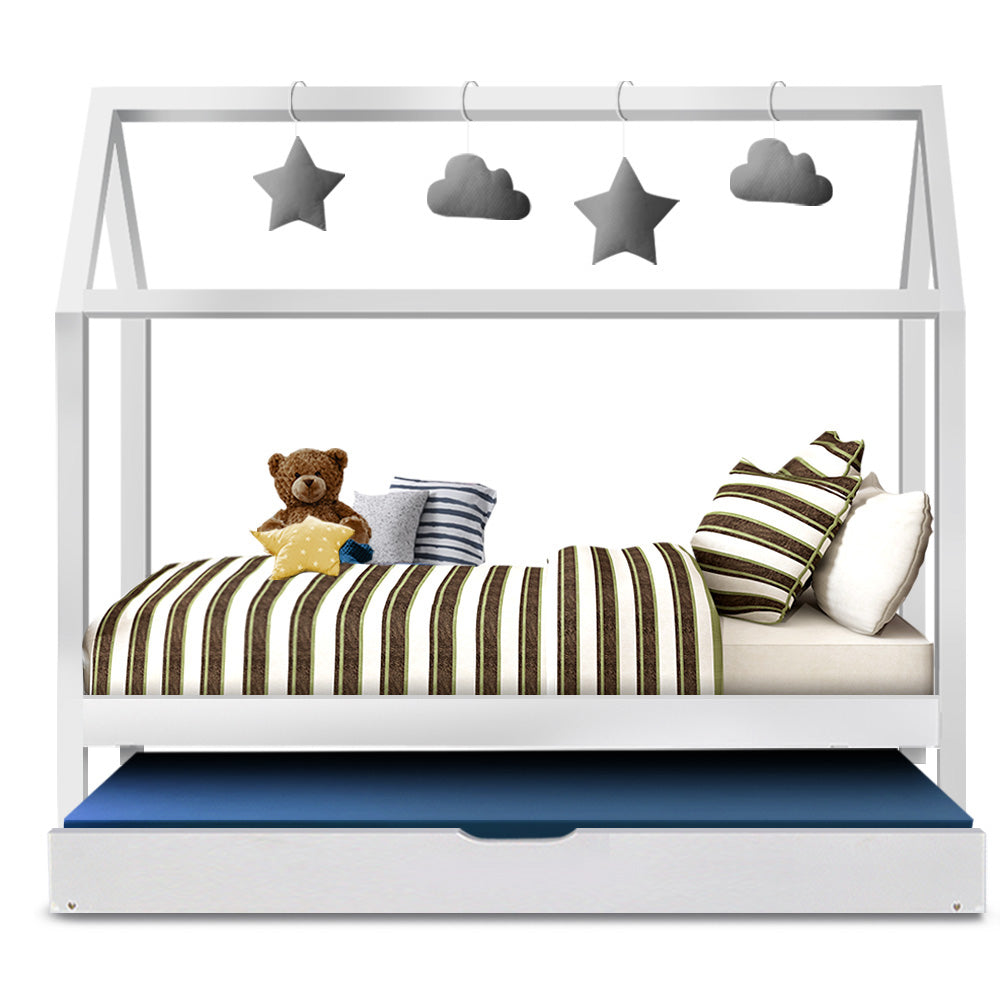Bed Frame Wooden Trundle Daybed Kids House Frame - White HOLY