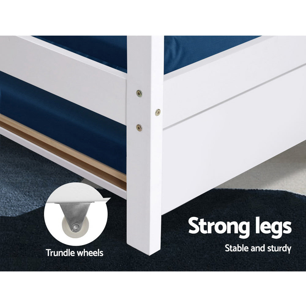Bed Frame Wooden Trundle Daybed Kids House Frame - White HOLY
